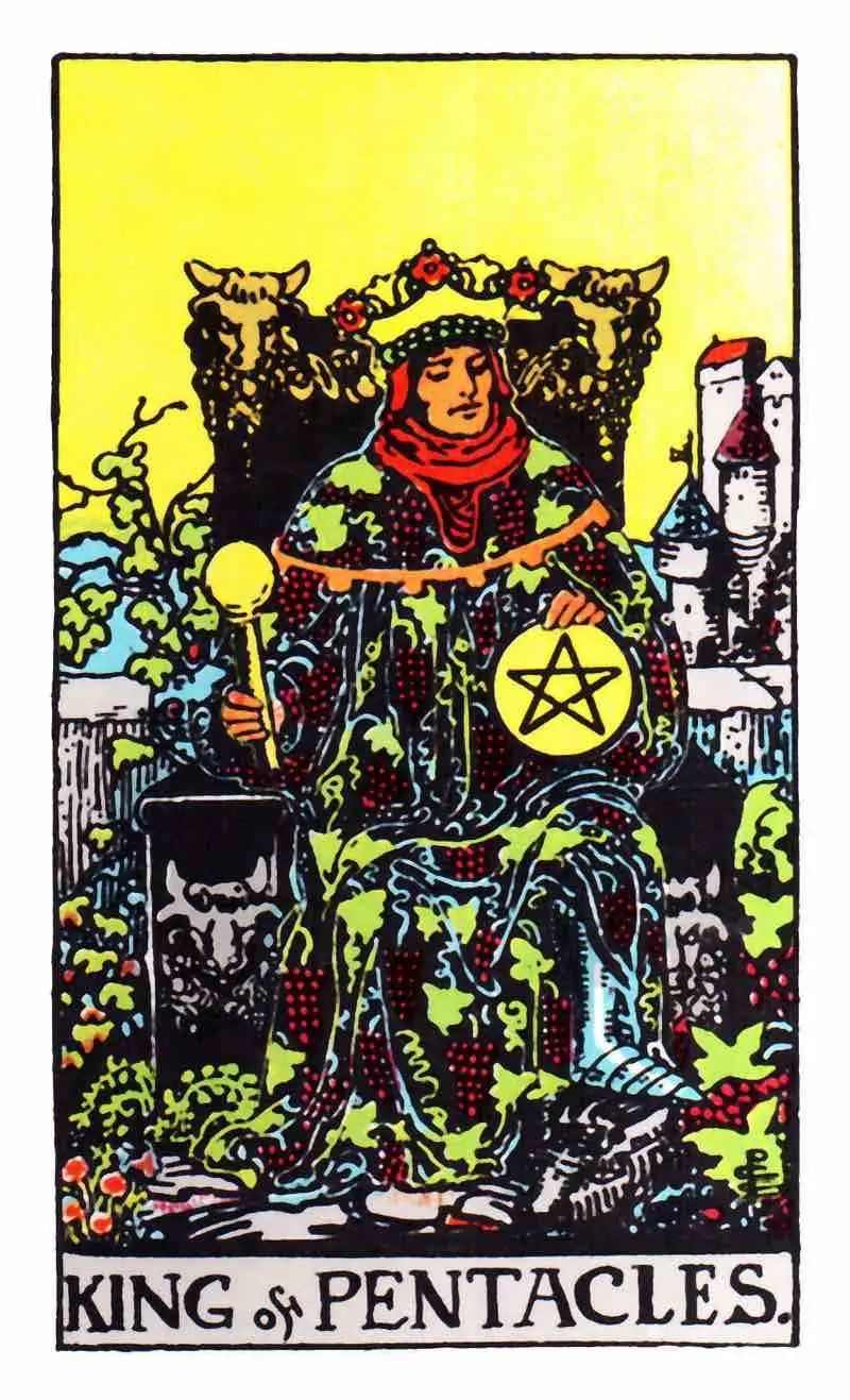 King of Pentacles as Feelings showing a king sitting on a lion throne.